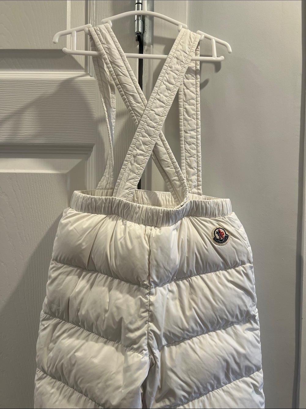 Moncler White Quilted Puffer Overalls with Cross-Back Straps